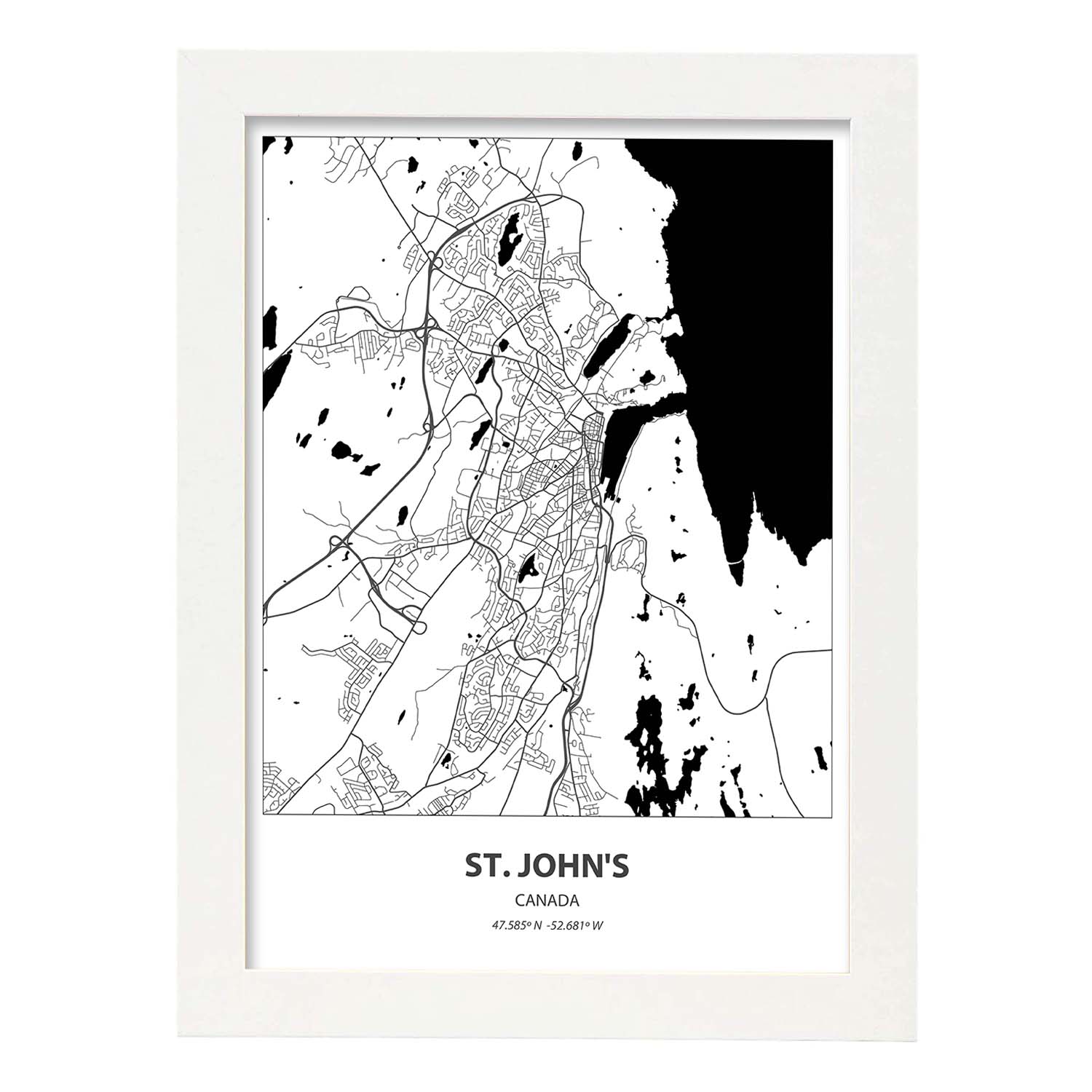 Poster con mapa de St. Johns - Canada. Láminas de ciudades de Canada con mares y ríos en color negro.-Artwork-Nacnic-A3-Marco Blanco-Nacnic Estudio SL