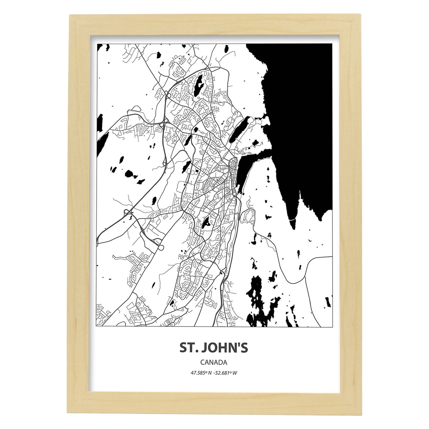 Poster con mapa de St. Johns - Canada. Láminas de ciudades de Canada con mares y ríos en color negro.-Artwork-Nacnic-A3-Marco Madera clara-Nacnic Estudio SL