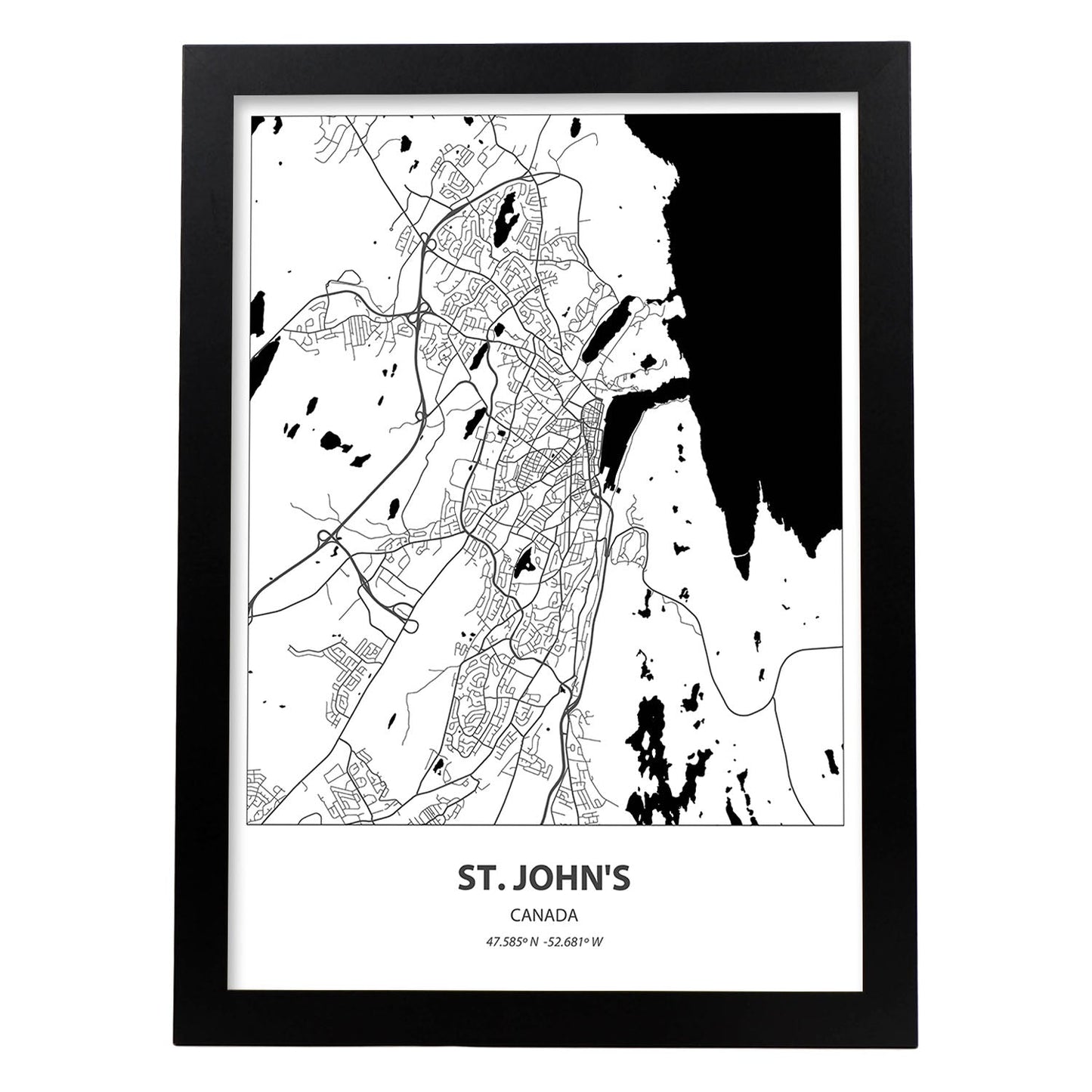 Poster con mapa de St. Johns - Canada. Láminas de ciudades de Canada con mares y ríos en color negro.-Artwork-Nacnic-A3-Marco Negro-Nacnic Estudio SL