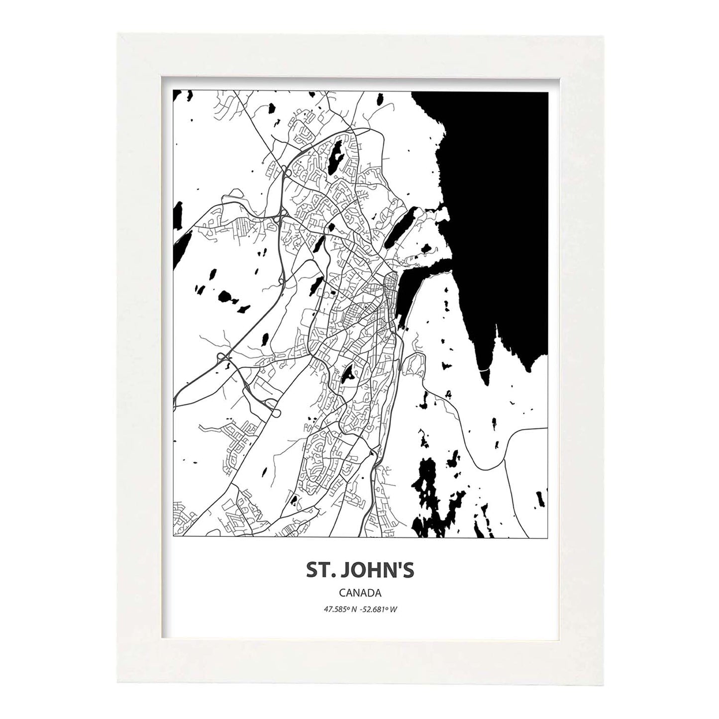 Poster con mapa de St. Johns - Canada. Láminas de ciudades de Canada con mares y ríos en color negro.-Artwork-Nacnic-A4-Marco Blanco-Nacnic Estudio SL
