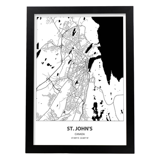 Poster con mapa de St. Johns - Canada. Láminas de ciudades de Canada con mares y ríos en color negro.-Artwork-Nacnic-A4-Marco Negro-Nacnic Estudio SL