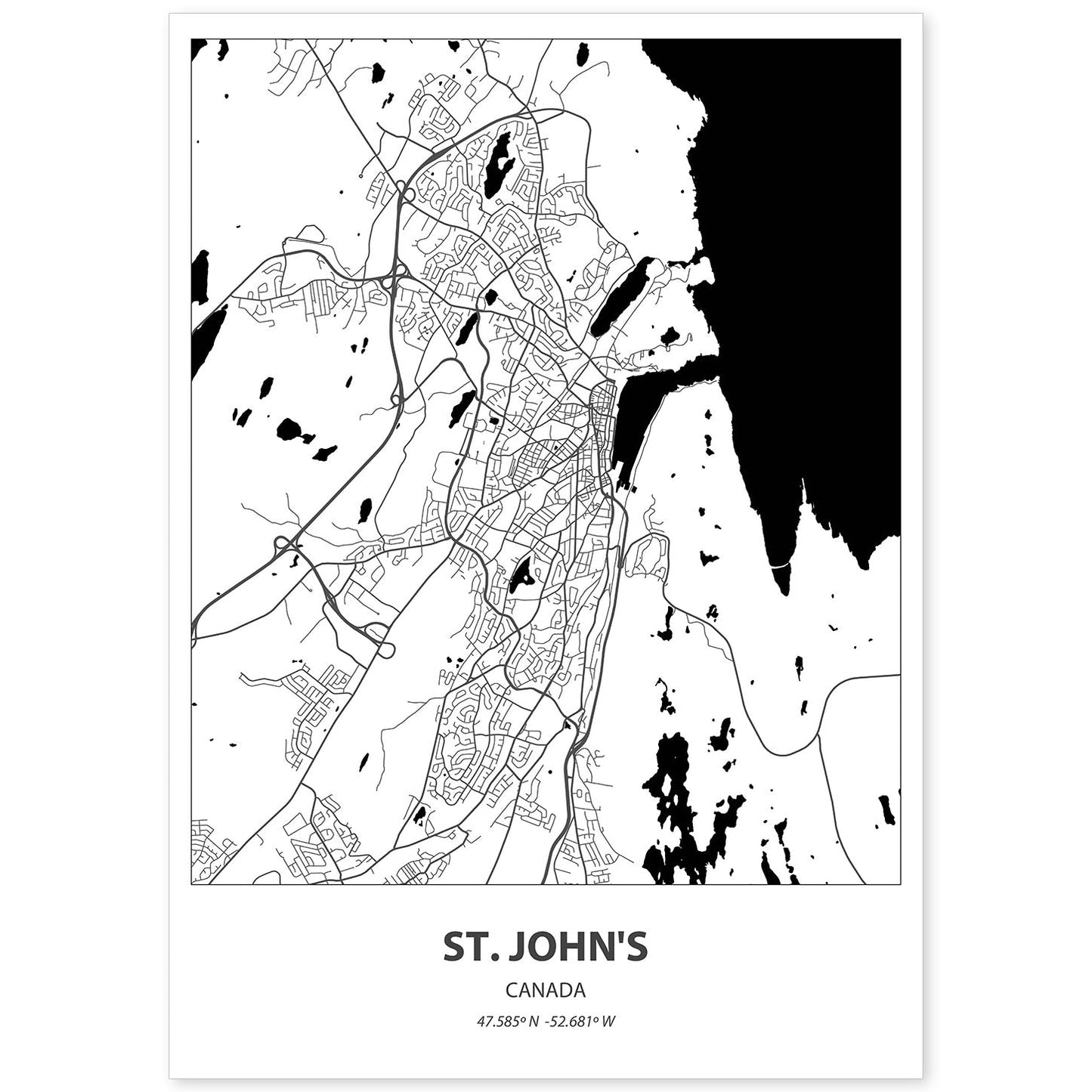 Poster con mapa de St. Johns - Canada. Láminas de ciudades de Canada con mares y ríos en color negro.-Artwork-Nacnic-A4-Sin marco-Nacnic Estudio SL