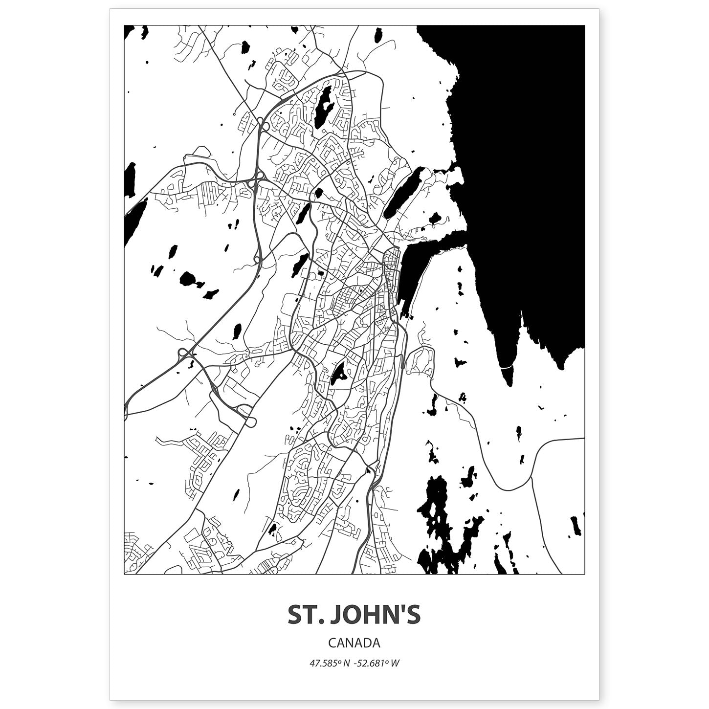 Poster con mapa de St. Johns - Canada. Láminas de ciudades de Canada con mares y ríos en color negro.-Artwork-Nacnic-A4-Sin marco-Nacnic Estudio SL