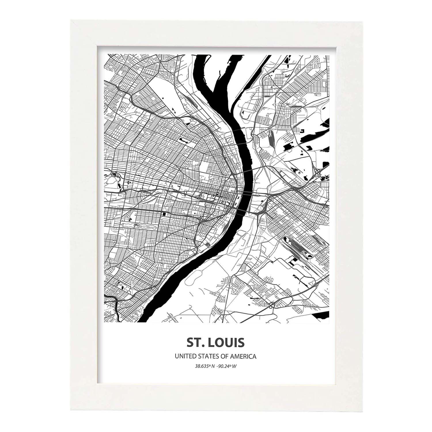 Poster con mapa de St. Louis - USA. Láminas de ciudades de Estados Unidos con mares y ríos en color negro.-Artwork-Nacnic-A3-Marco Blanco-Nacnic Estudio SL