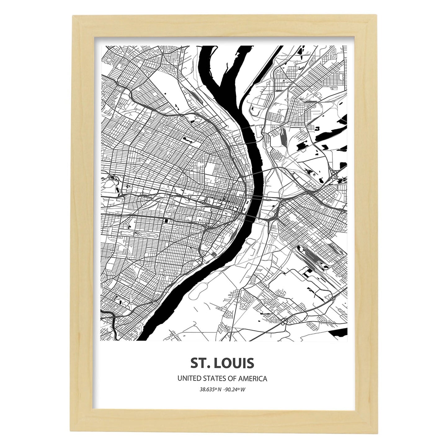 Poster con mapa de St. Louis - USA. Láminas de ciudades de Estados Unidos con mares y ríos en color negro.-Artwork-Nacnic-A3-Marco Madera clara-Nacnic Estudio SL