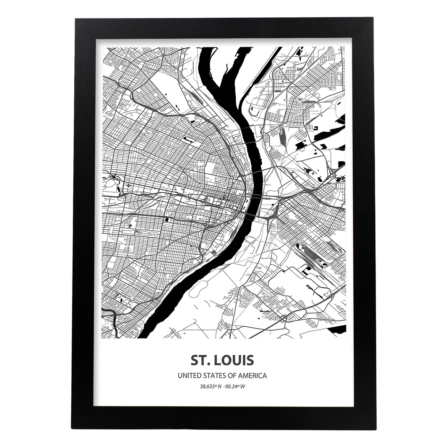 Poster con mapa de St. Louis - USA. Láminas de ciudades de Estados Unidos con mares y ríos en color negro.-Artwork-Nacnic-A3-Marco Negro-Nacnic Estudio SL