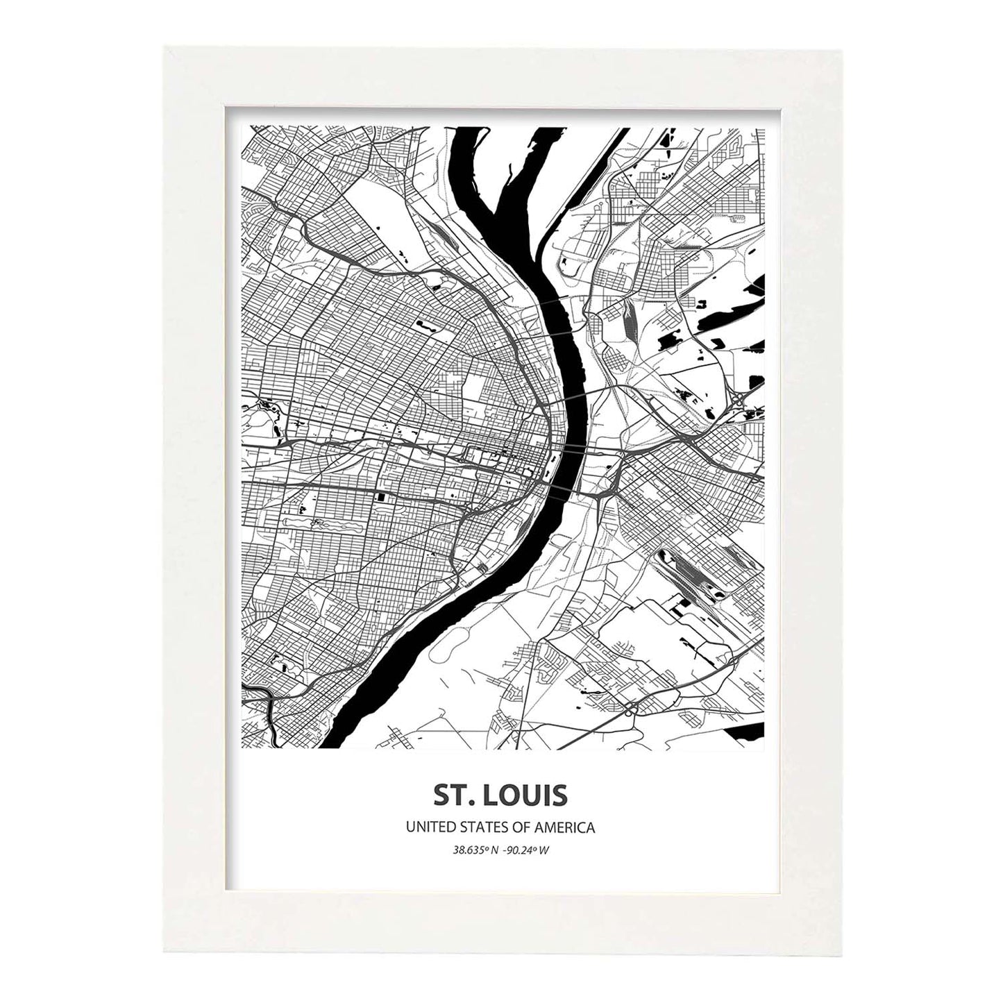 Poster con mapa de St. Louis - USA. Láminas de ciudades de Estados Unidos con mares y ríos en color negro.-Artwork-Nacnic-A4-Marco Blanco-Nacnic Estudio SL