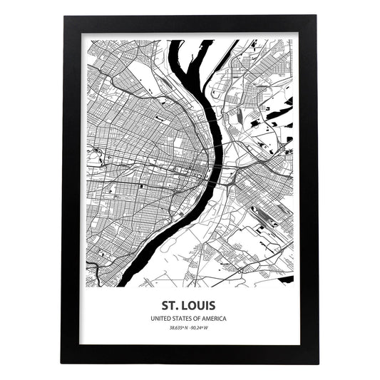 Poster con mapa de St. Louis - USA. Láminas de ciudades de Estados Unidos con mares y ríos en color negro.-Artwork-Nacnic-A4-Marco Negro-Nacnic Estudio SL