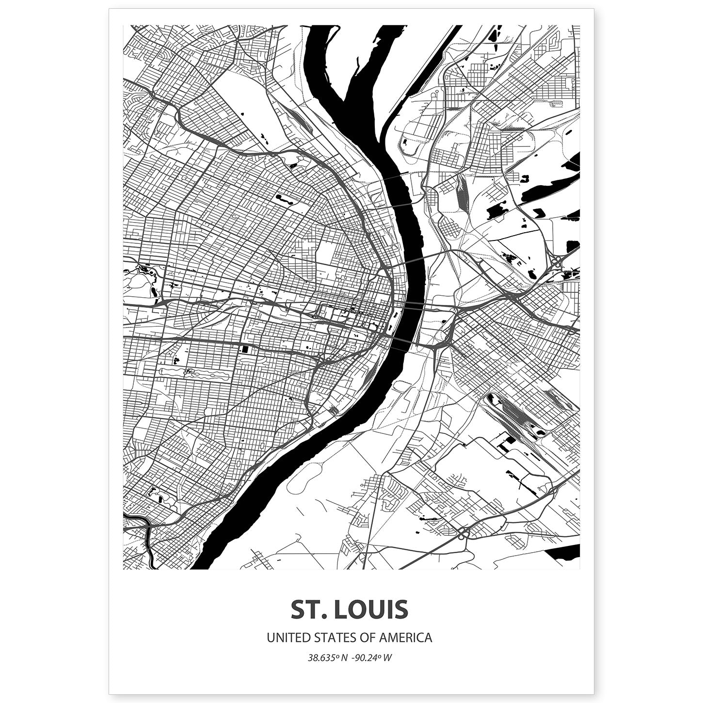 Poster con mapa de St. Louis - USA. Láminas de ciudades de Estados Unidos con mares y ríos en color negro.-Artwork-Nacnic-A4-Sin marco-Nacnic Estudio SL