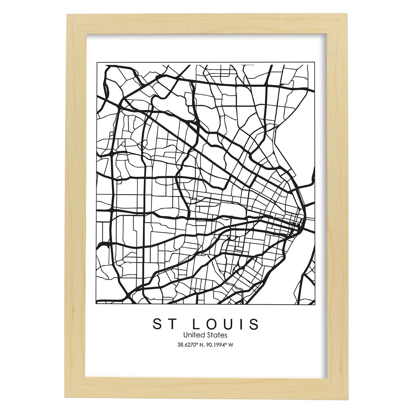 Poster con mapa de St. Louis. Lámina de Estados Unidos, con imágenes de mapas y carreteras-Artwork-Nacnic-A3-Marco Madera clara-Nacnic Estudio SL