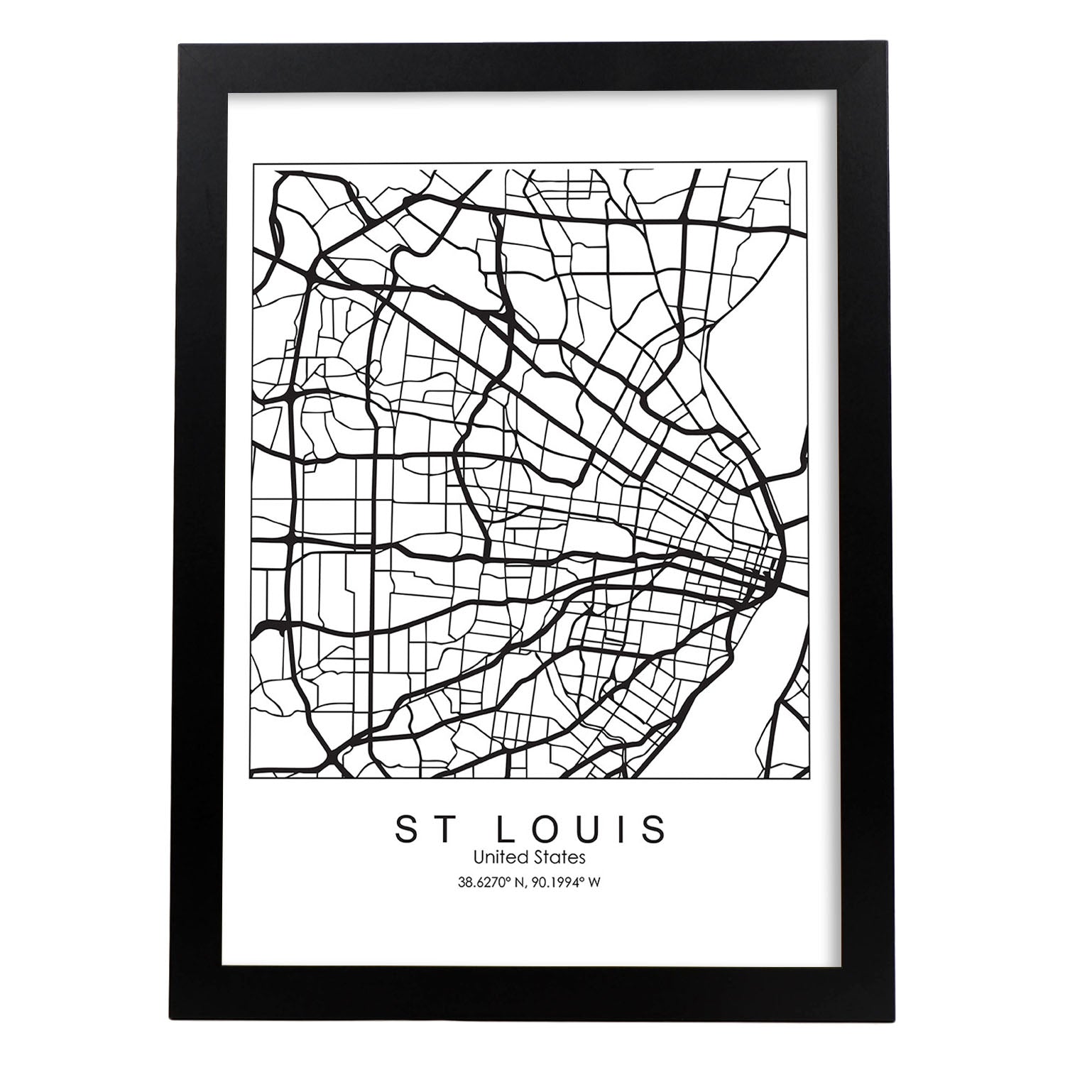 Poster con mapa de St. Louis. Lámina de Estados Unidos, con imágenes de mapas y carreteras-Artwork-Nacnic-A3-Marco Negro-Nacnic Estudio SL