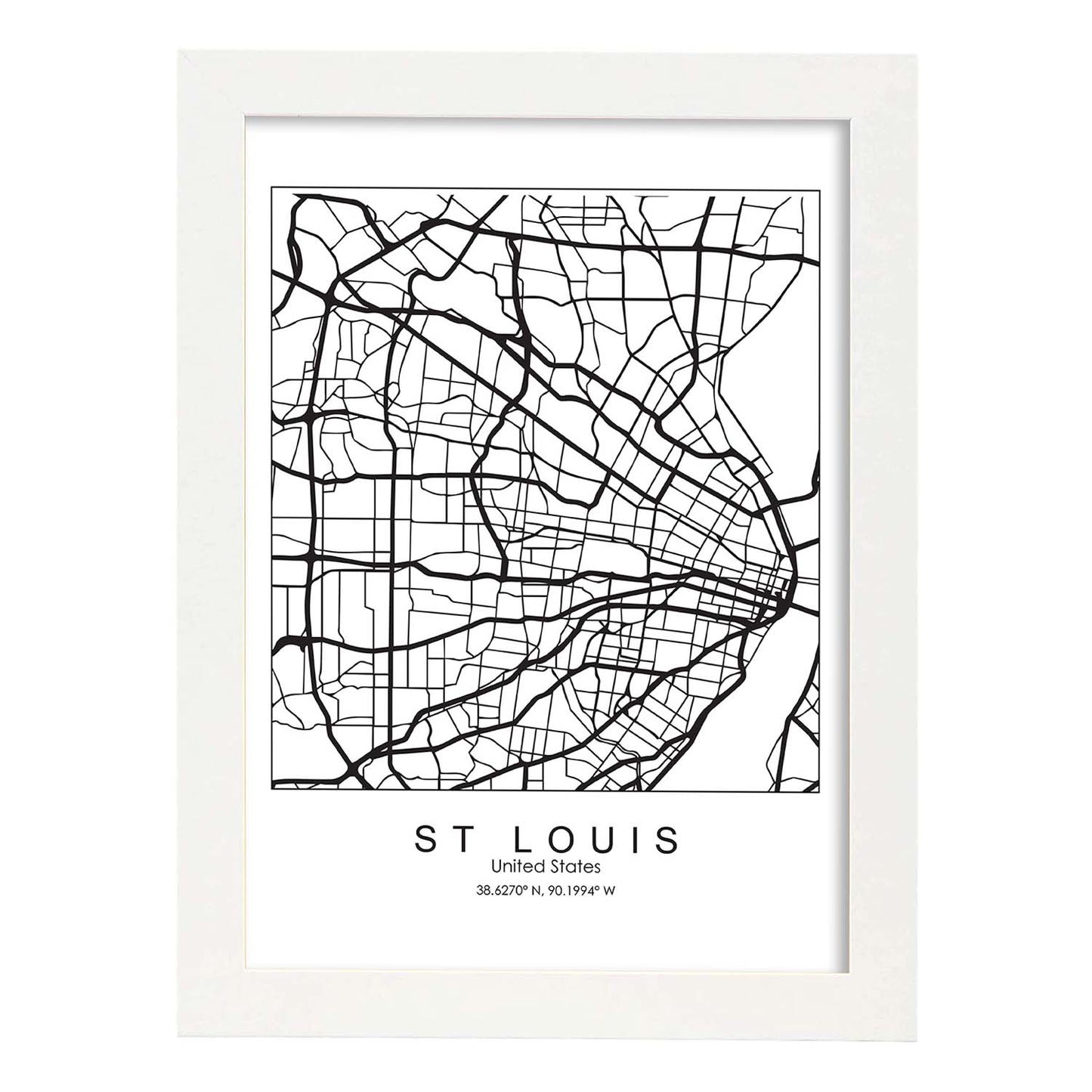 Poster con mapa de St. Louis. Lámina de Estados Unidos, con imágenes de mapas y carreteras-Artwork-Nacnic-A4-Marco Blanco-Nacnic Estudio SL