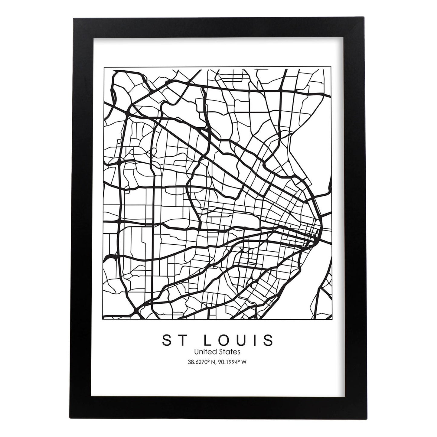 Poster con mapa de St. Louis. Lámina de Estados Unidos, con imágenes de mapas y carreteras-Artwork-Nacnic-A4-Marco Negro-Nacnic Estudio SL