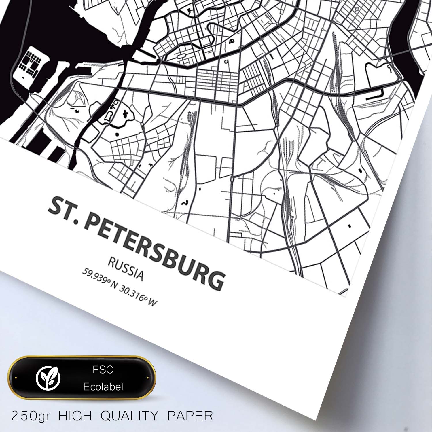 Poster con mapa de St. Petersburg - Rusia. Láminas de ciudades de Asia con mares y ríos en color negro.-Artwork-Nacnic-Nacnic Estudio SL