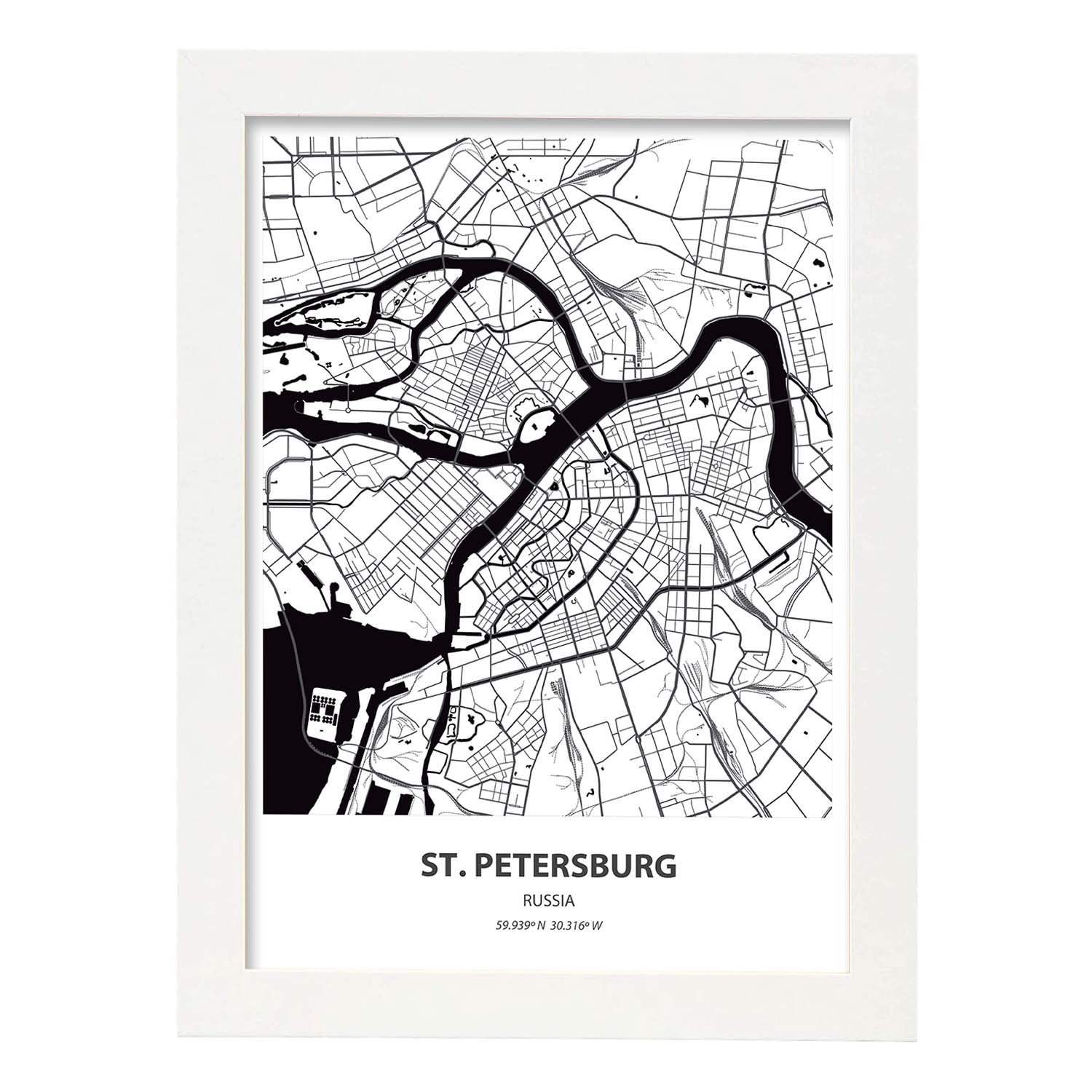 Poster con mapa de St. Petersburg - Rusia. Láminas de ciudades de Asia con mares y ríos en color negro.-Artwork-Nacnic-A3-Marco Blanco-Nacnic Estudio SL
