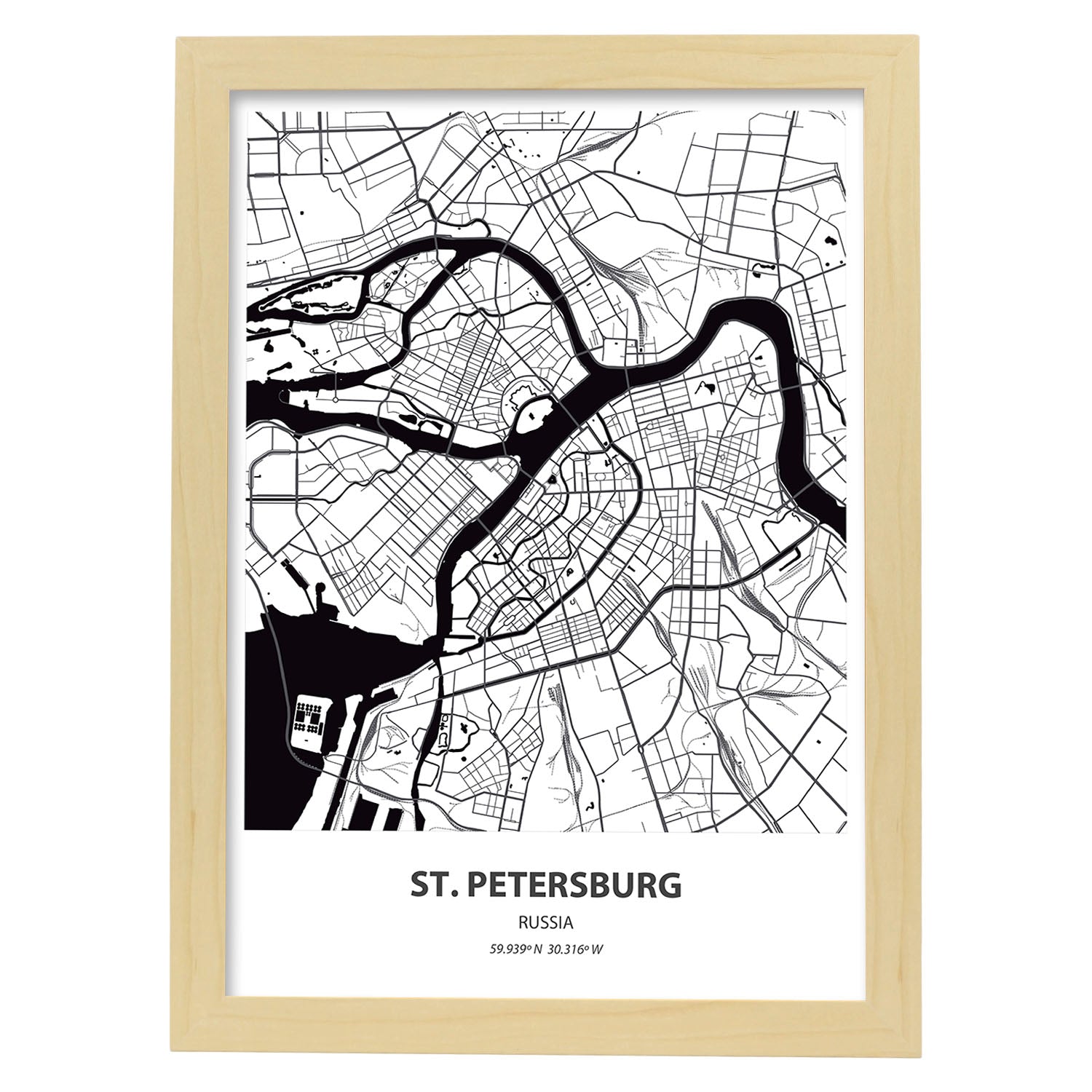 Poster con mapa de St. Petersburg - Rusia. Láminas de ciudades de Asia con mares y ríos en color negro.-Artwork-Nacnic-A3-Marco Madera clara-Nacnic Estudio SL
