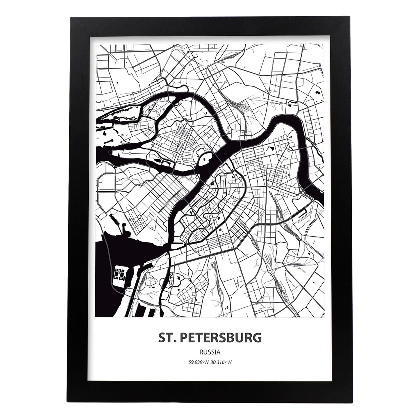 Poster con mapa de St. Petersburg - Rusia. Láminas de ciudades de Asia con mares y ríos en color negro.-Artwork-Nacnic-A3-Marco Negro-Nacnic Estudio SL