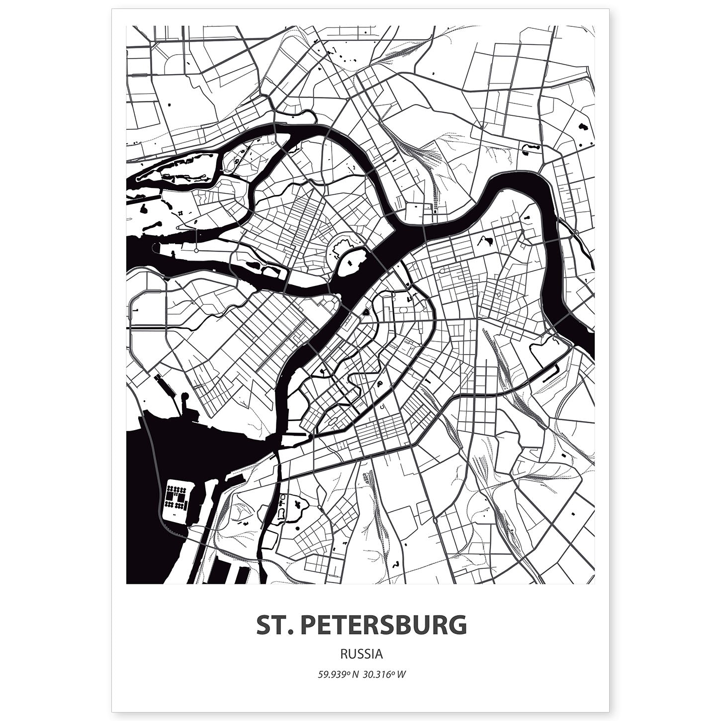 Poster con mapa de St. Petersburg - Rusia. Láminas de ciudades de Asia con mares y ríos en color negro.-Artwork-Nacnic-A4-Sin marco-Nacnic Estudio SL