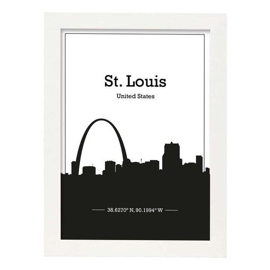 Poster con mapa de Stlouis - USA. Láminas con Skyline de ciudades de Estados Unidos, Canada, Mexico con sombra negra.-Artwork-Nacnic-A4-Marco Blanco-Nacnic Estudio SL