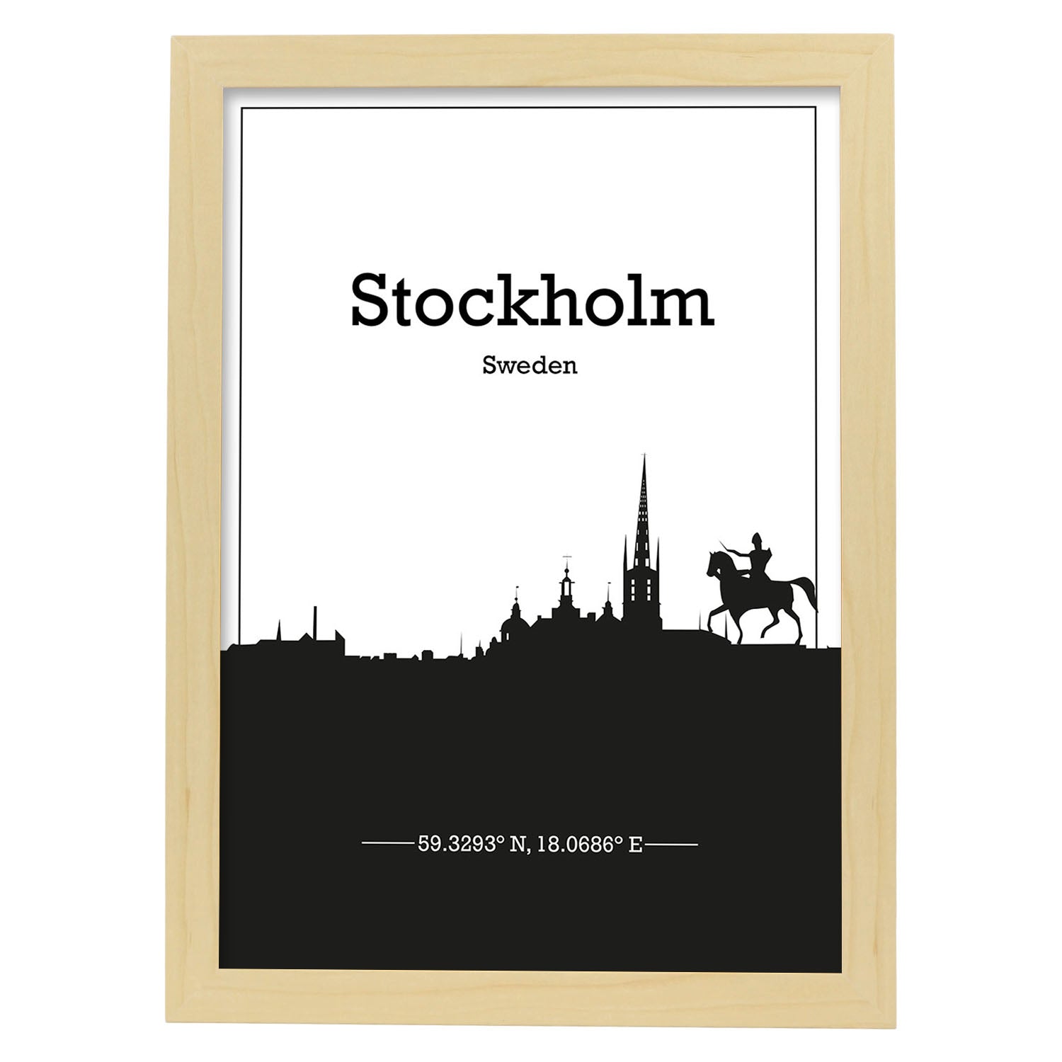 Poster con mapa de Stockholm - Suecia. Láminas con Skyline de ciudades del norte de Europa con sombra negra.-Artwork-Nacnic-A3-Marco Madera clara-Nacnic Estudio SL