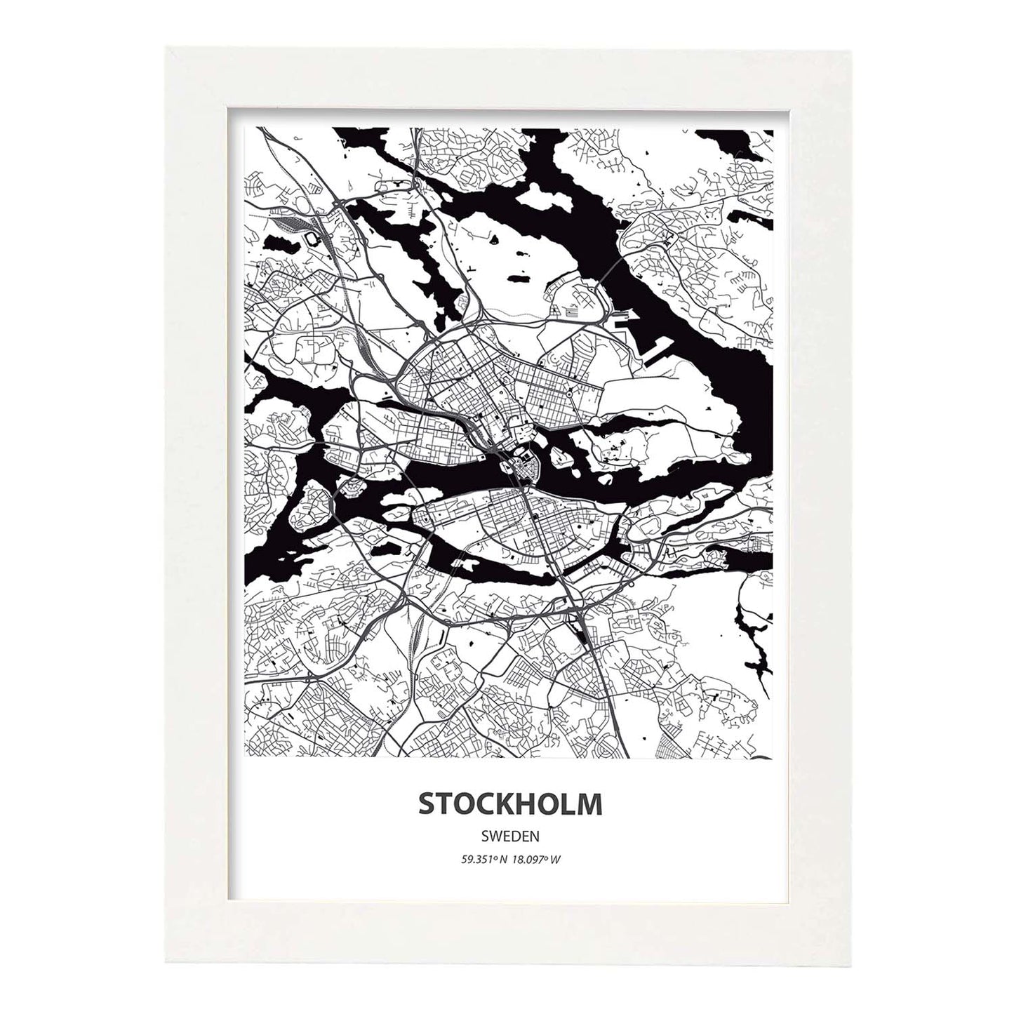 Poster con mapa de Stockholm - Suecia. Láminas de ciudades del norte de Europa con mares y ríos en color negro.-Artwork-Nacnic-A3-Marco Blanco-Nacnic Estudio SL
