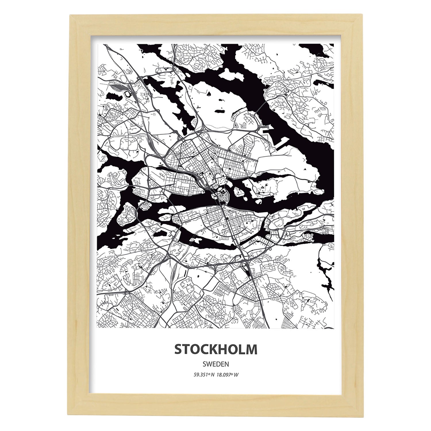 Poster con mapa de Stockholm - Suecia. Láminas de ciudades del norte de Europa con mares y ríos en color negro.-Artwork-Nacnic-A3-Marco Madera clara-Nacnic Estudio SL