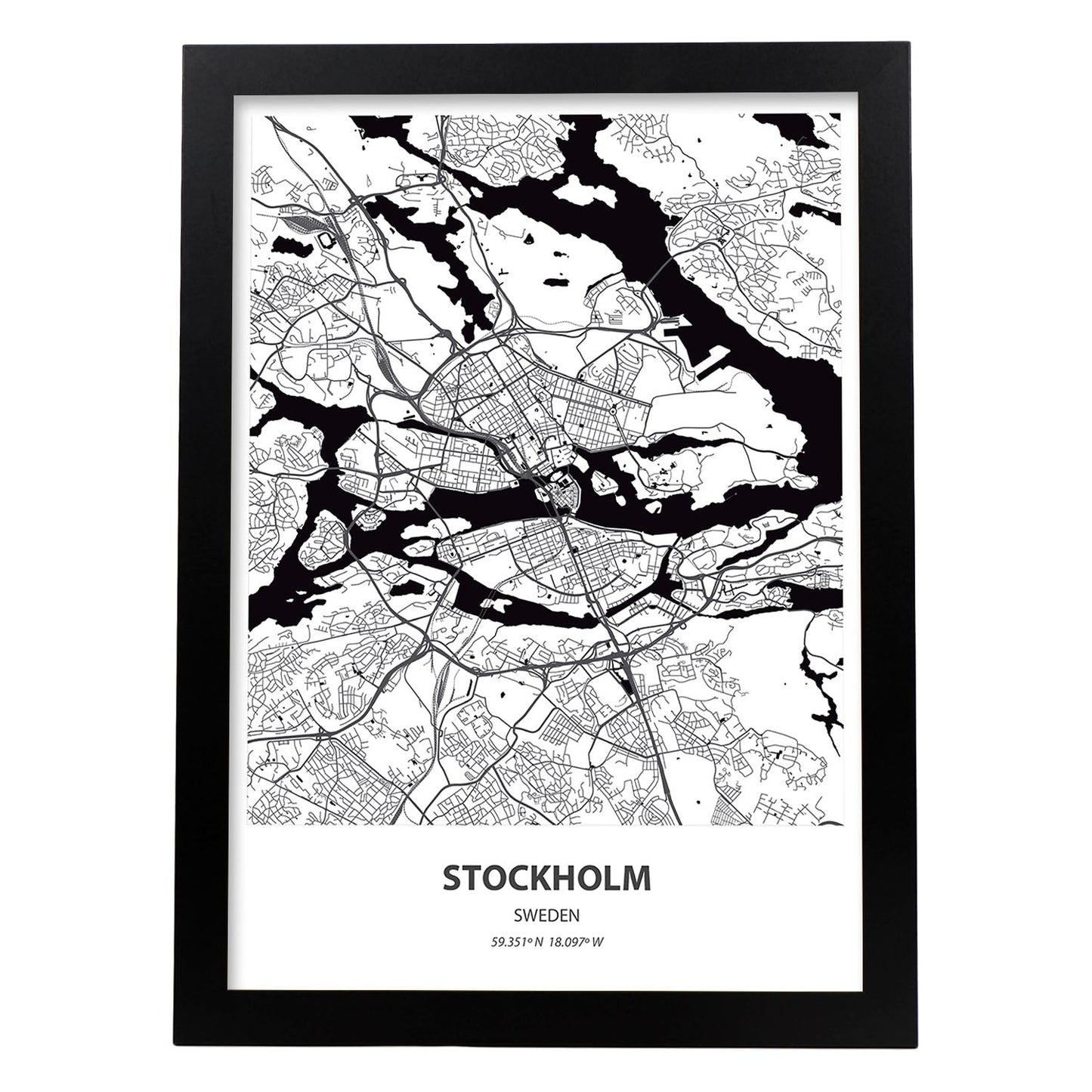 Poster con mapa de Stockholm - Suecia. Láminas de ciudades del norte de Europa con mares y ríos en color negro.-Artwork-Nacnic-A3-Marco Negro-Nacnic Estudio SL