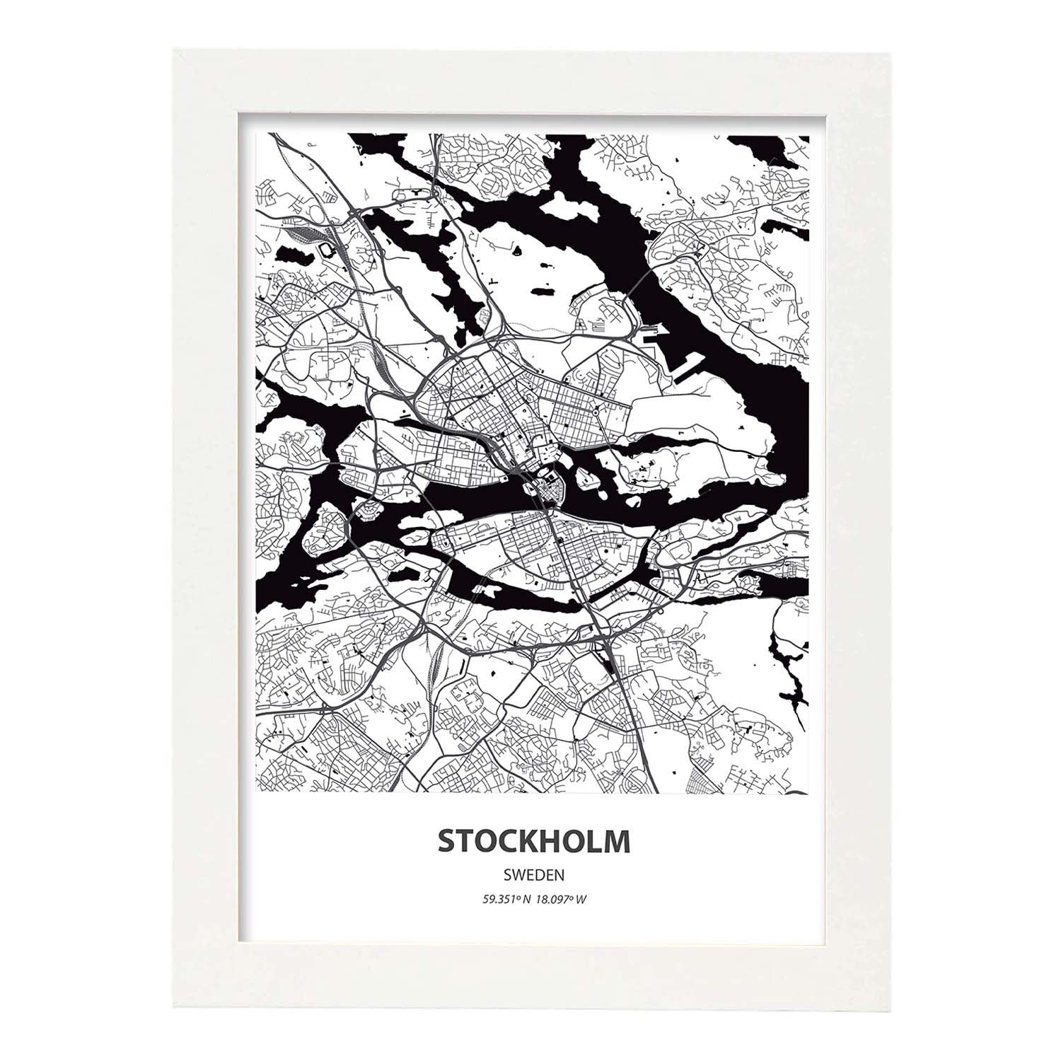 Poster con mapa de Stockholm - Suecia. Láminas de ciudades del norte de Europa con mares y ríos en color negro.-Artwork-Nacnic-A4-Marco Blanco-Nacnic Estudio SL