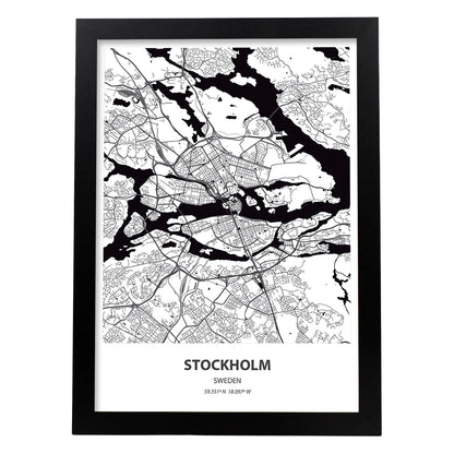 Poster con mapa de Stockholm - Suecia. Láminas de ciudades del norte de Europa con mares y ríos en color negro.-Artwork-Nacnic-A4-Marco Negro-Nacnic Estudio SL