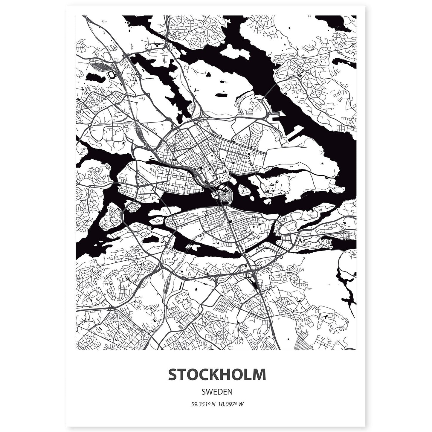 Poster con mapa de Stockholm - Suecia. Láminas de ciudades del norte de Europa con mares y ríos en color negro.-Artwork-Nacnic-A4-Sin marco-Nacnic Estudio SL