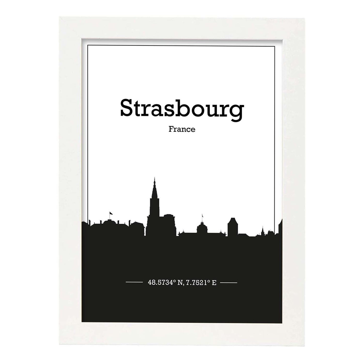 Poster con mapa de Strasbourg - Francia. Láminas con Skyline de ciudades de Francia con sombra negra.-Artwork-Nacnic-A3-Marco Blanco-Nacnic Estudio SL