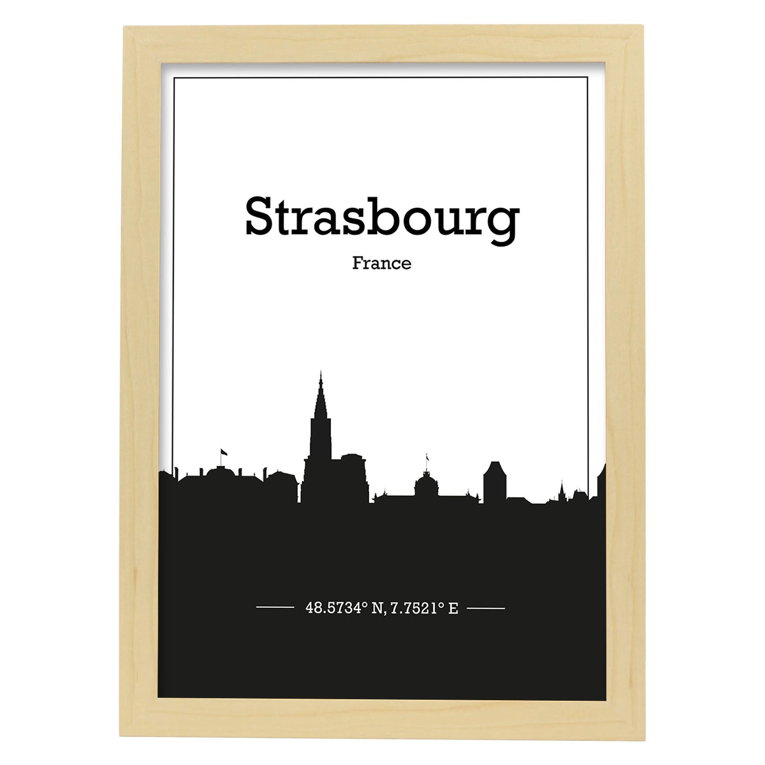 Poster con mapa de Strasbourg - Francia. Láminas con Skyline de ciudades de Francia con sombra negra.-Artwork-Nacnic-A3-Marco Madera clara-Nacnic Estudio SL