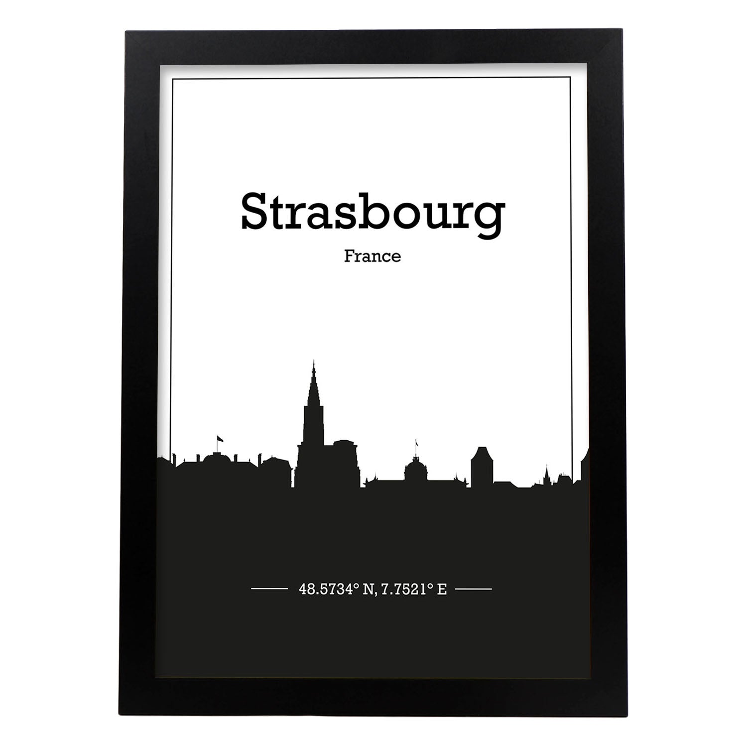 Poster con mapa de Strasbourg - Francia. Láminas con Skyline de ciudades de Francia con sombra negra.-Artwork-Nacnic-A3-Marco Negro-Nacnic Estudio SL
