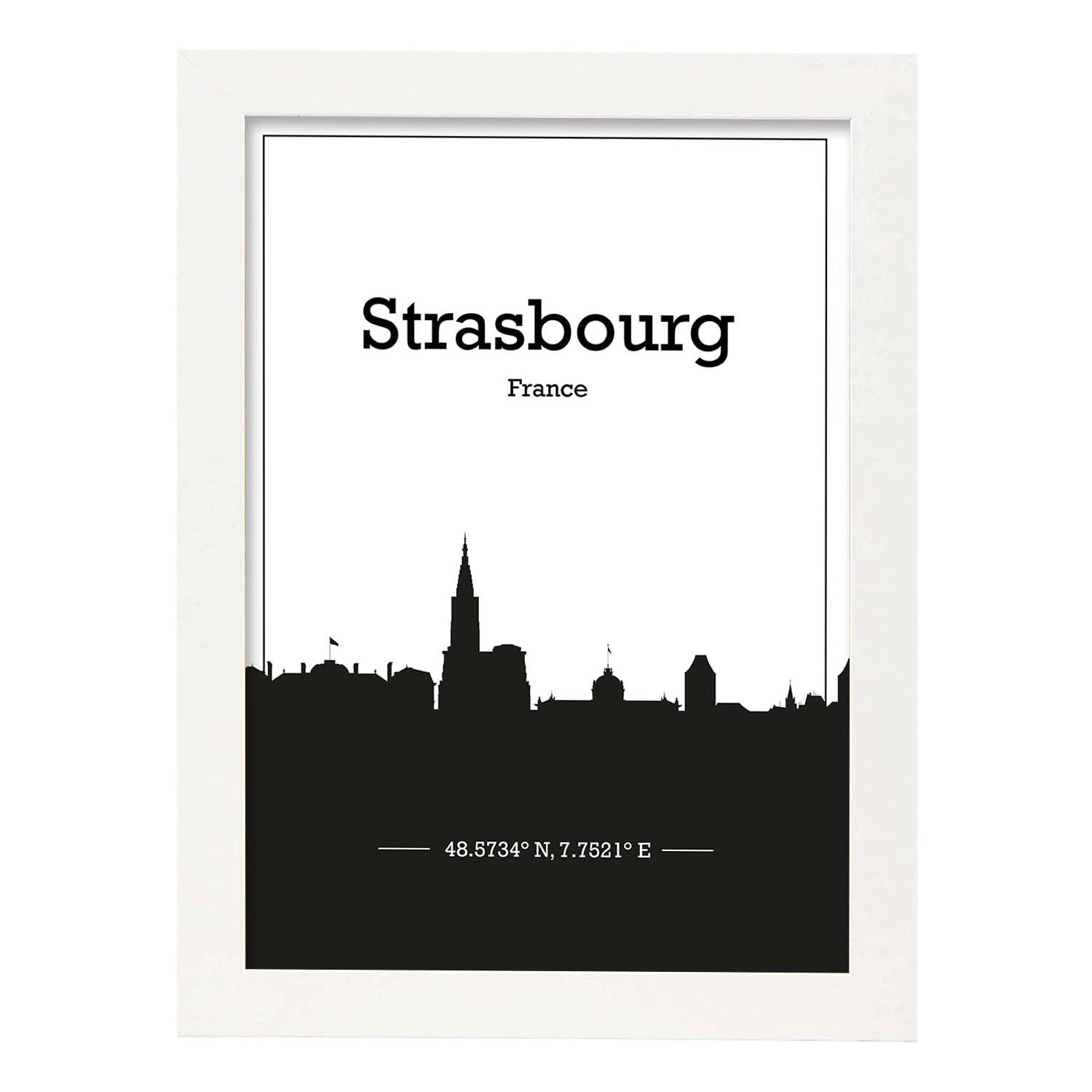Poster con mapa de Strasbourg - Francia. Láminas con Skyline de ciudades de Francia con sombra negra.-Artwork-Nacnic-A4-Marco Blanco-Nacnic Estudio SL