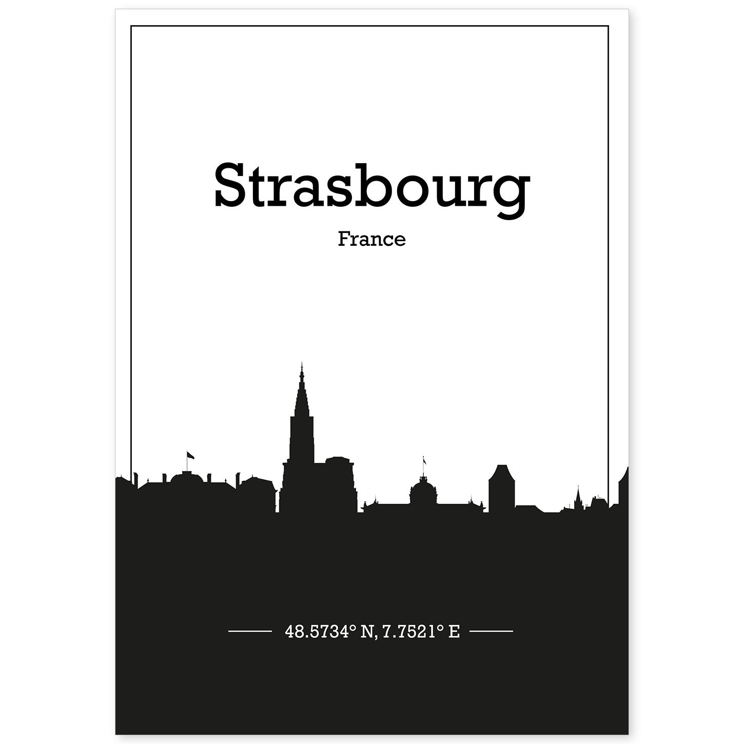 Poster con mapa de Strasbourg - Francia. Láminas con Skyline de ciudades de Francia con sombra negra.-Artwork-Nacnic-A4-Sin marco-Nacnic Estudio SL