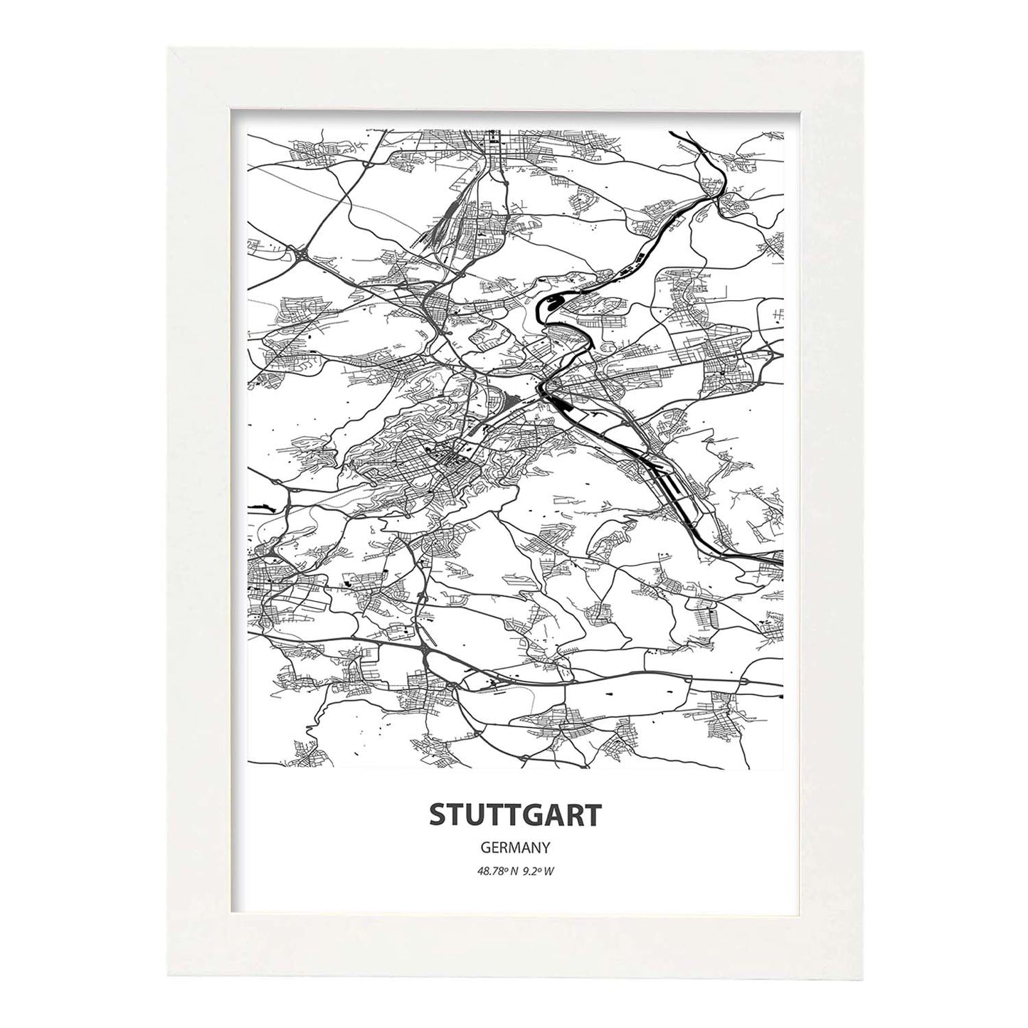 Poster con mapa de Stuttgart - Alemania. Láminas de ciudades de Alemania con mares y ríos en color negro.-Artwork-Nacnic-A3-Marco Blanco-Nacnic Estudio SL