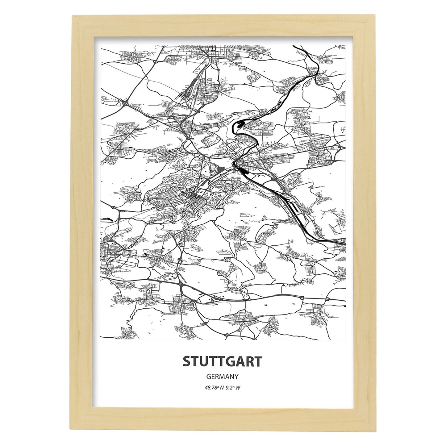 Poster con mapa de Stuttgart - Alemania. Láminas de ciudades de Alemania con mares y ríos en color negro.-Artwork-Nacnic-A3-Marco Madera clara-Nacnic Estudio SL