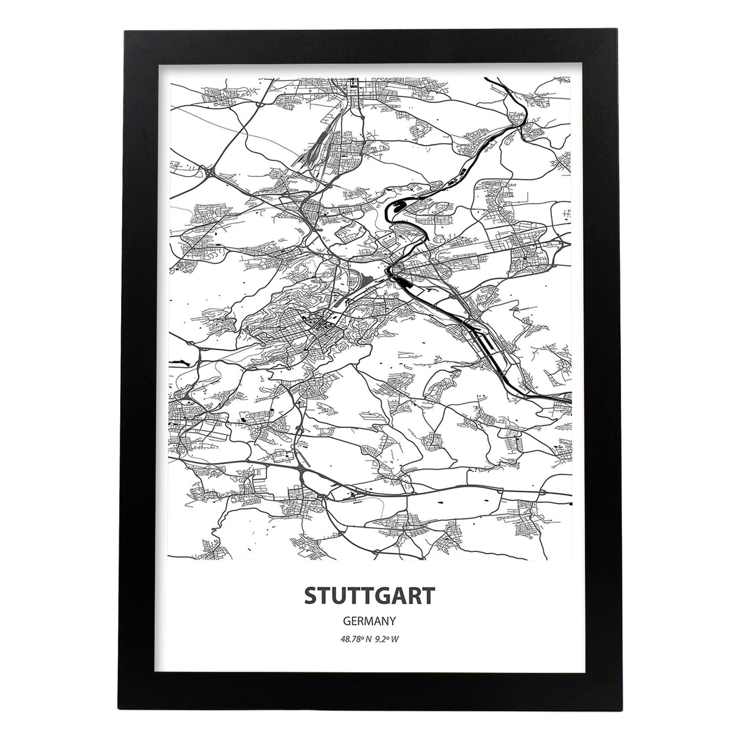 Poster con mapa de Stuttgart - Alemania. Láminas de ciudades de Alemania con mares y ríos en color negro.-Artwork-Nacnic-A3-Marco Negro-Nacnic Estudio SL