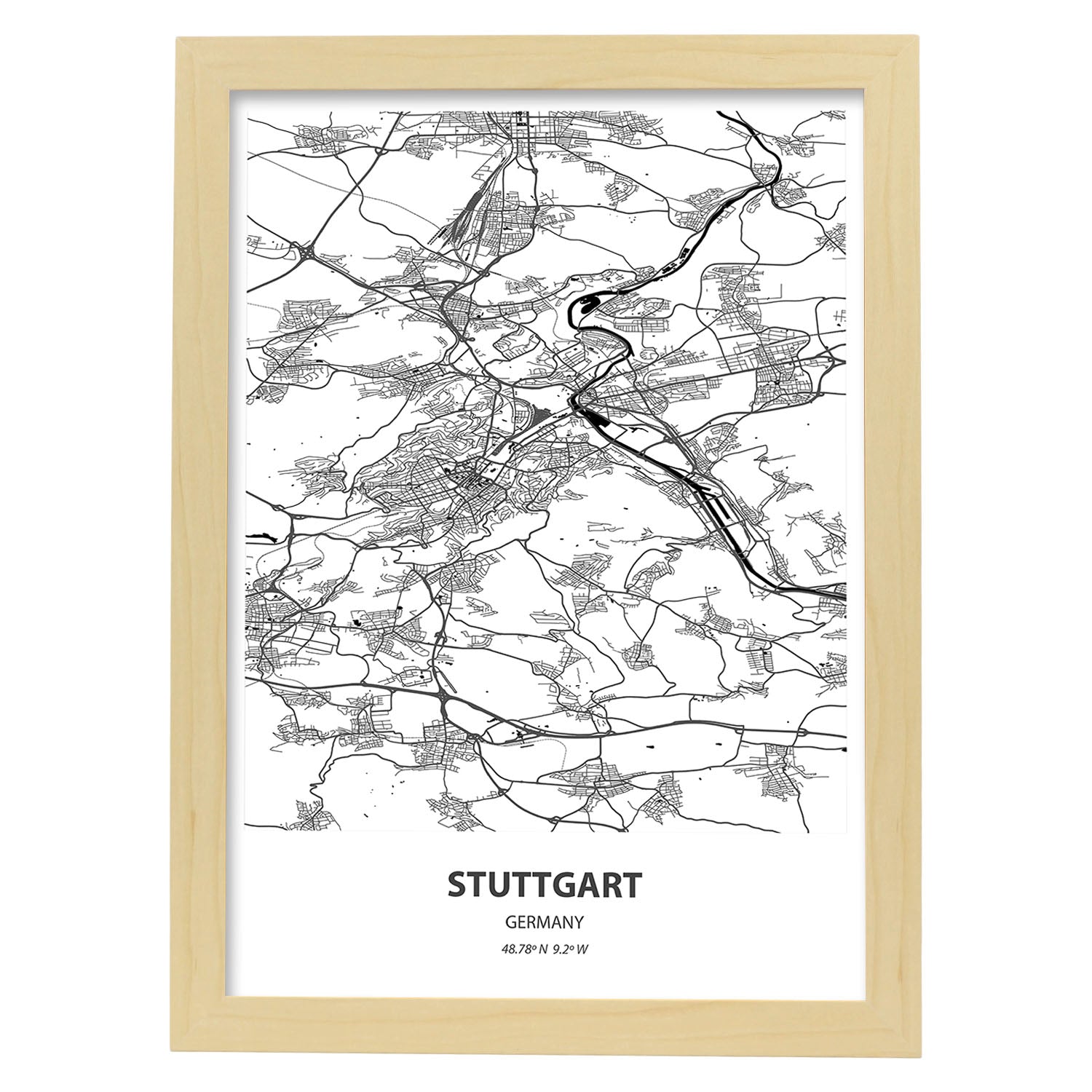 Poster con mapa de Stuttgart - Alemania. Láminas de ciudades de Alemania con mares y ríos en color negro.-Artwork-Nacnic-A4-Marco Madera clara-Nacnic Estudio SL