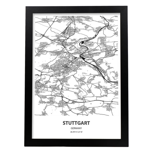 Poster con mapa de Stuttgart - Alemania. Láminas de ciudades de Alemania con mares y ríos en color negro.-Artwork-Nacnic-A4-Marco Negro-Nacnic Estudio SL