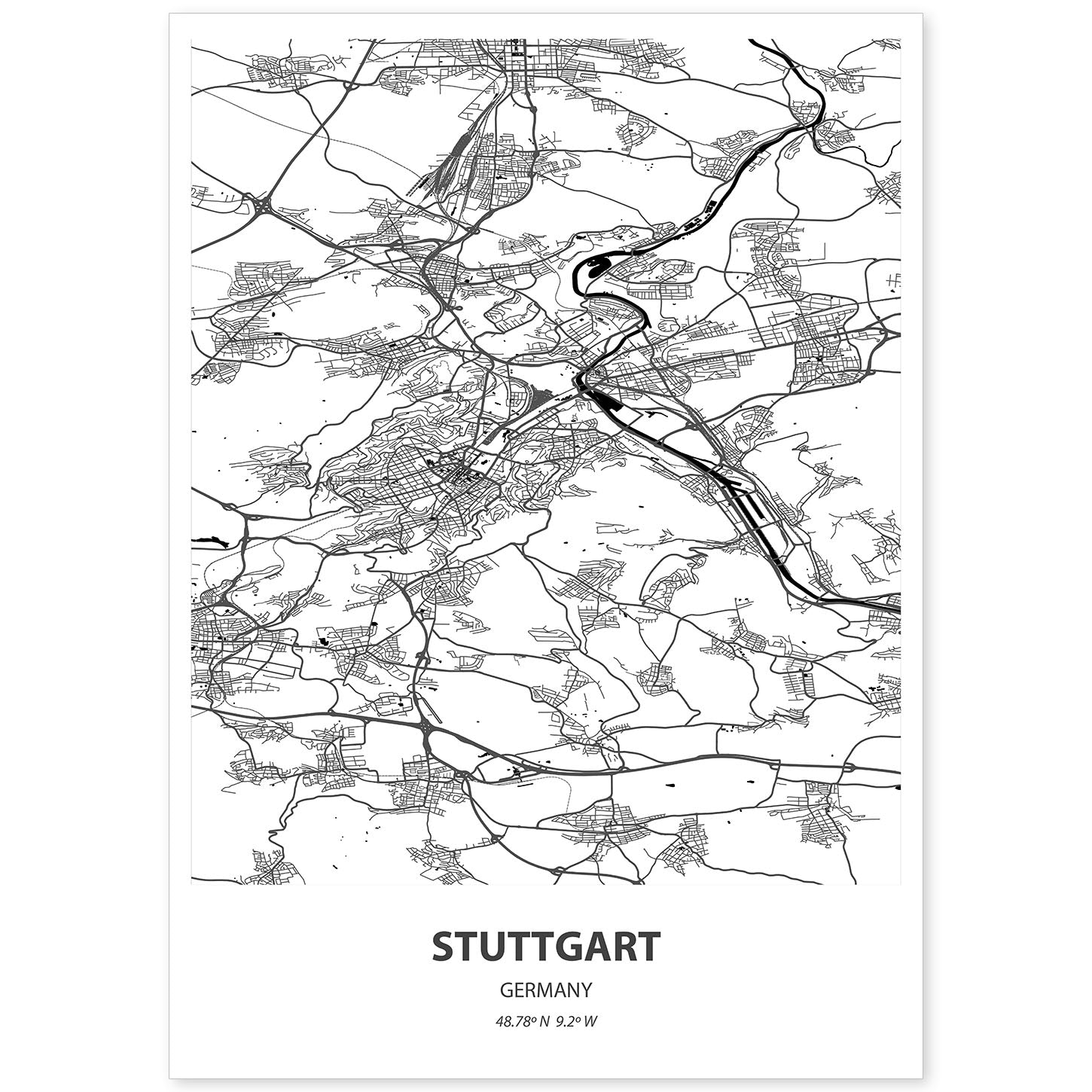 Poster con mapa de Stuttgart - Alemania. Láminas de ciudades de Alemania con mares y ríos en color negro.-Artwork-Nacnic-A4-Sin marco-Nacnic Estudio SL