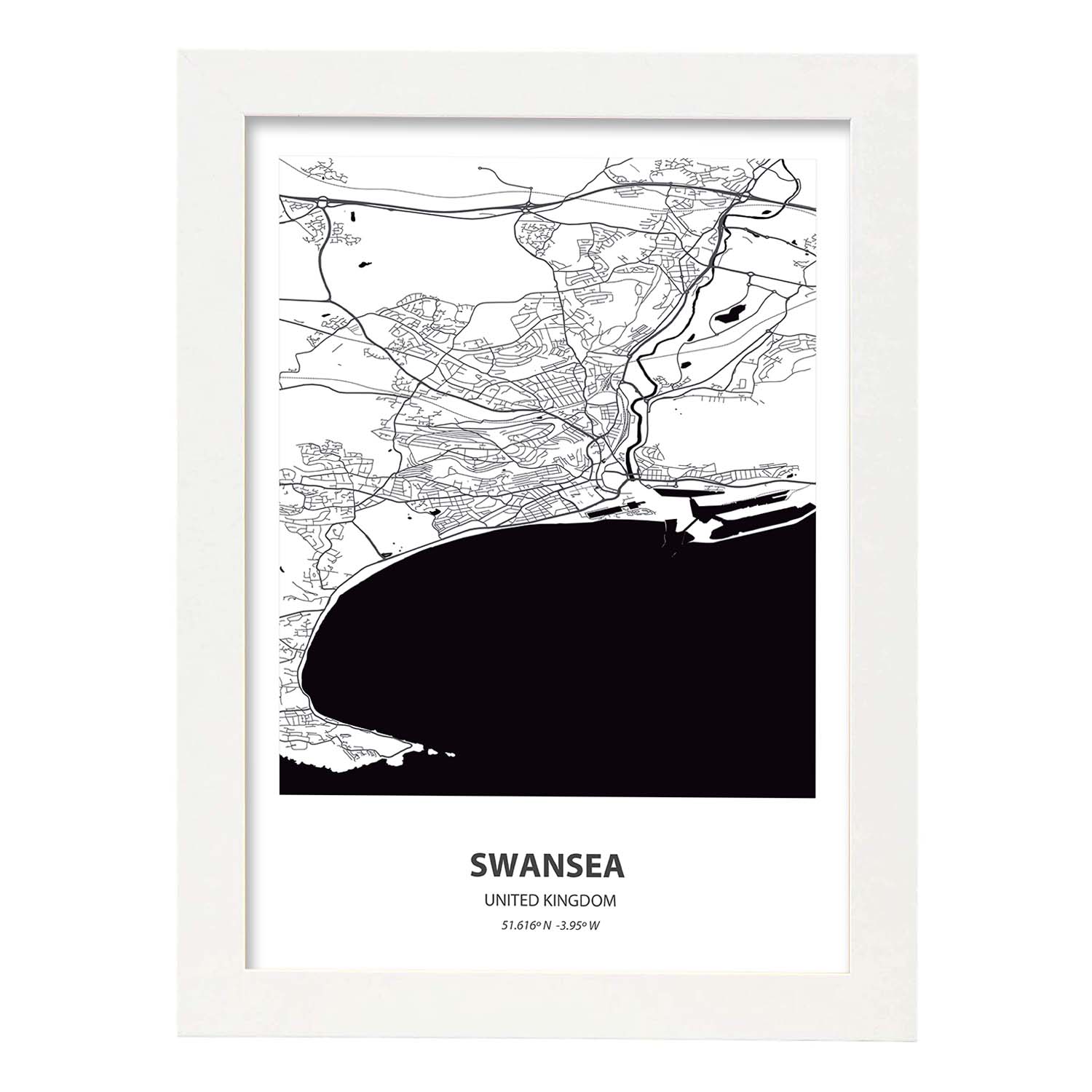 Poster con mapa de Swansea - Reino Unido. Láminas de ciudades de Reino Unido con mares y ríos en color negro.-Artwork-Nacnic-A3-Marco Blanco-Nacnic Estudio SL