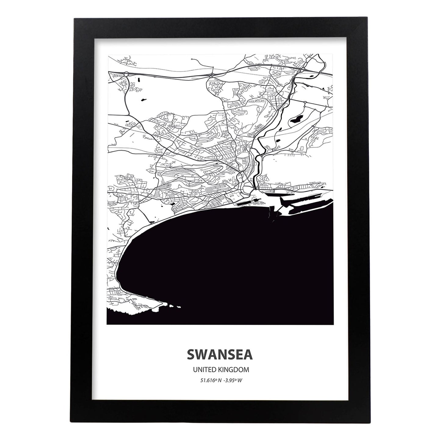 Poster con mapa de Swansea - Reino Unido. Láminas de ciudades de Reino Unido con mares y ríos en color negro.-Artwork-Nacnic-A3-Marco Negro-Nacnic Estudio SL