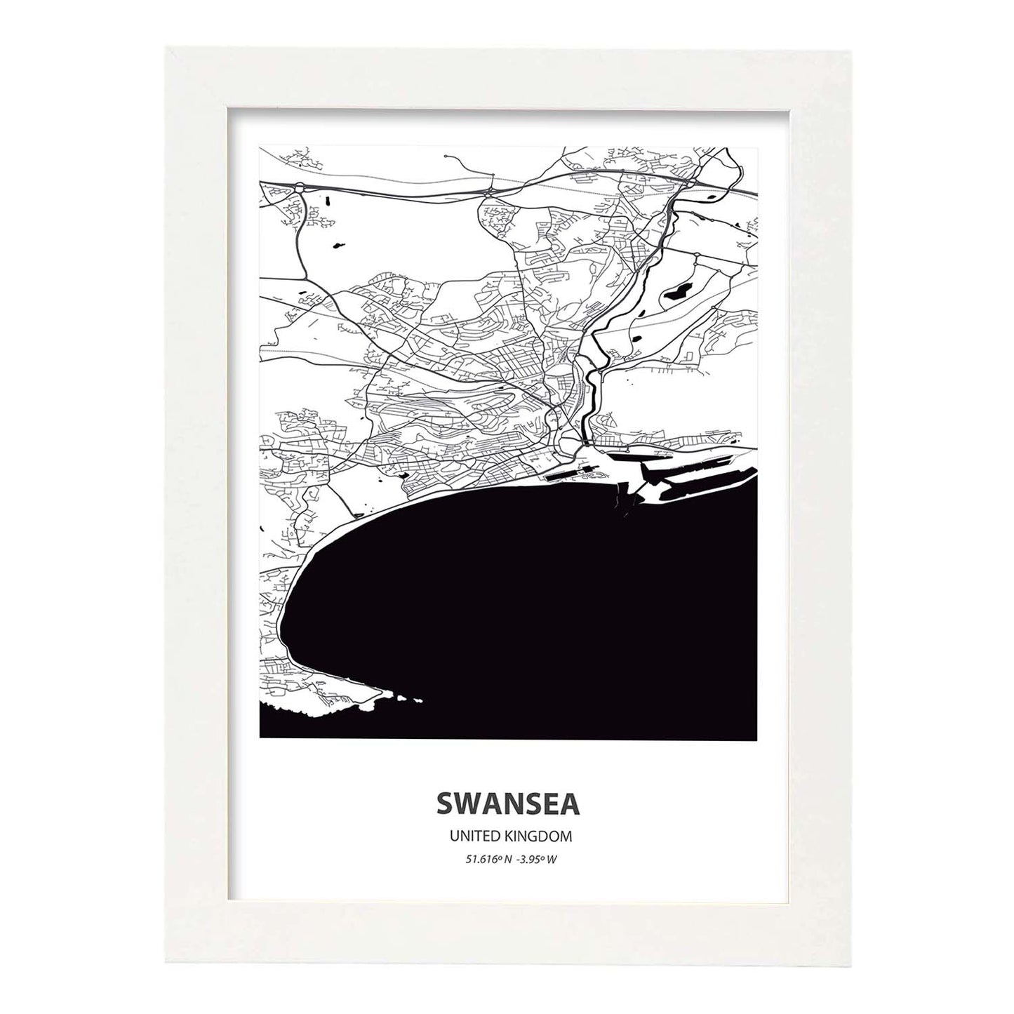 Poster con mapa de Swansea - Reino Unido. Láminas de ciudades de Reino Unido con mares y ríos en color negro.-Artwork-Nacnic-A4-Marco Blanco-Nacnic Estudio SL