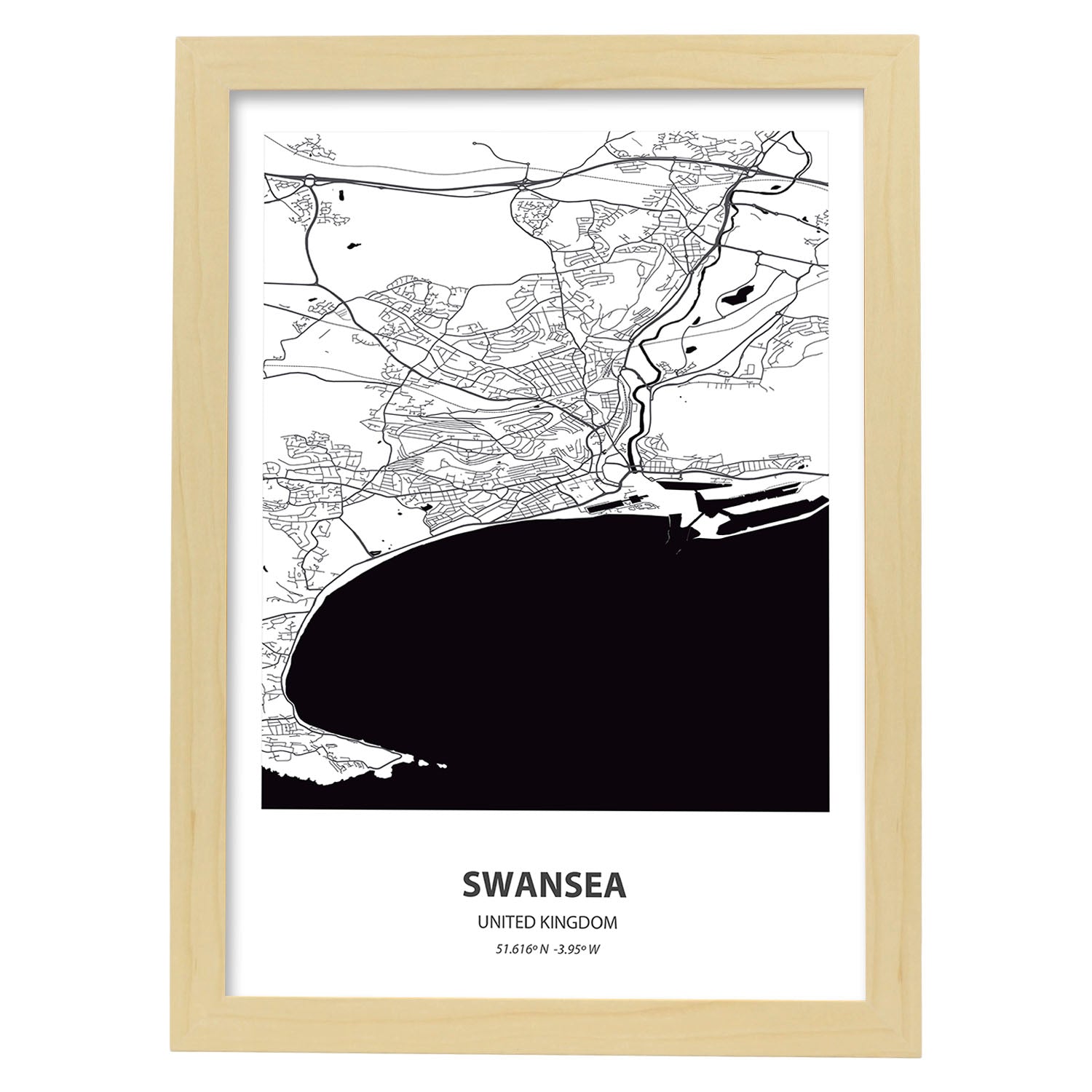 Poster con mapa de Swansea - Reino Unido. Láminas de ciudades de Reino Unido con mares y ríos en color negro.-Artwork-Nacnic-A4-Marco Madera clara-Nacnic Estudio SL