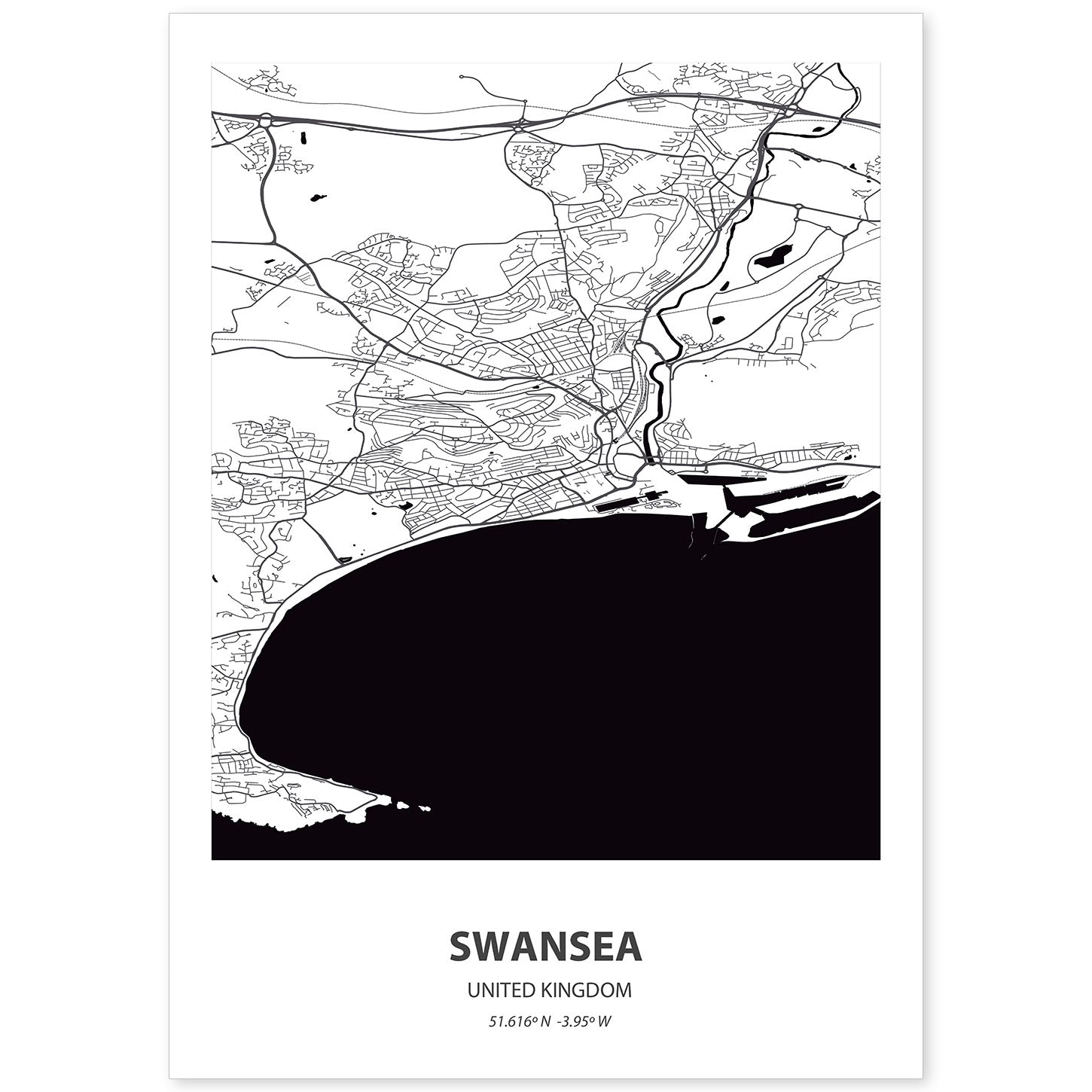Poster con mapa de Swansea - Reino Unido. Láminas de ciudades de Reino Unido con mares y ríos en color negro.-Artwork-Nacnic-A4-Sin marco-Nacnic Estudio SL