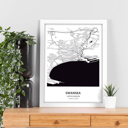 Poster con mapa de Swansea - Reino Unido. Láminas de ciudades de Reino Unido con mares y ríos en color negro.-Artwork-Nacnic-Nacnic Estudio SL