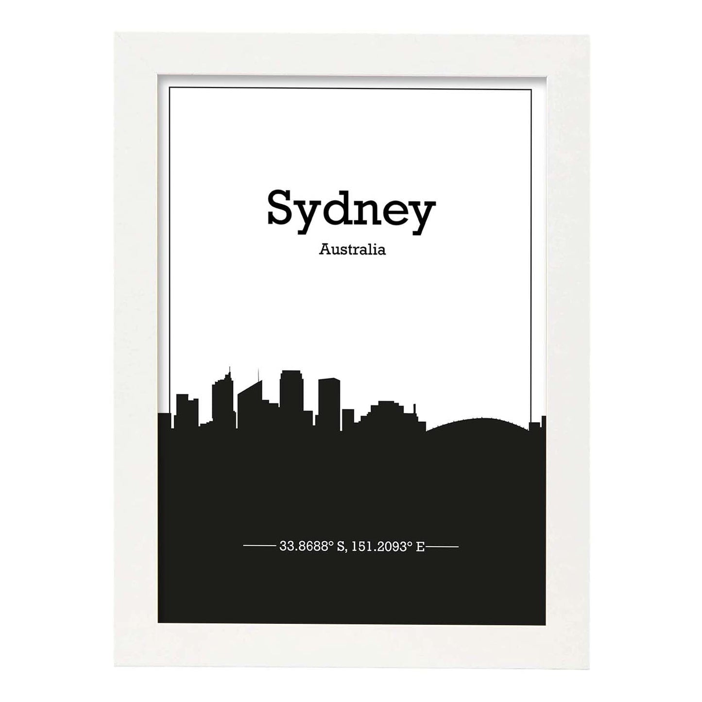 Poster con mapa de Sydney - Australia. Láminas con Skyline de ciudades de Asia, Australia, y Oriente Medio con sombra negra.-Artwork-Nacnic-A3-Marco Blanco-Nacnic Estudio SL