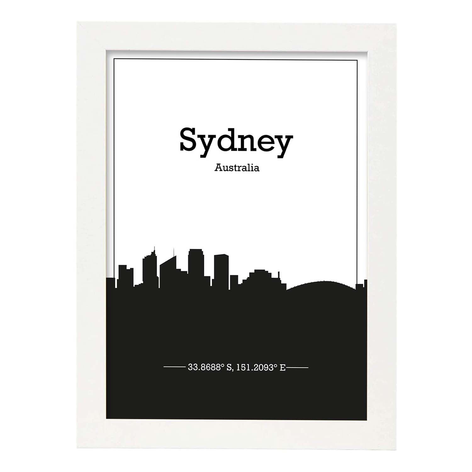 Poster con mapa de Sydney - Australia. Láminas con Skyline de ciudades de Asia, Australia, y Oriente Medio con sombra negra.-Artwork-Nacnic-A3-Marco Blanco-Nacnic Estudio SL