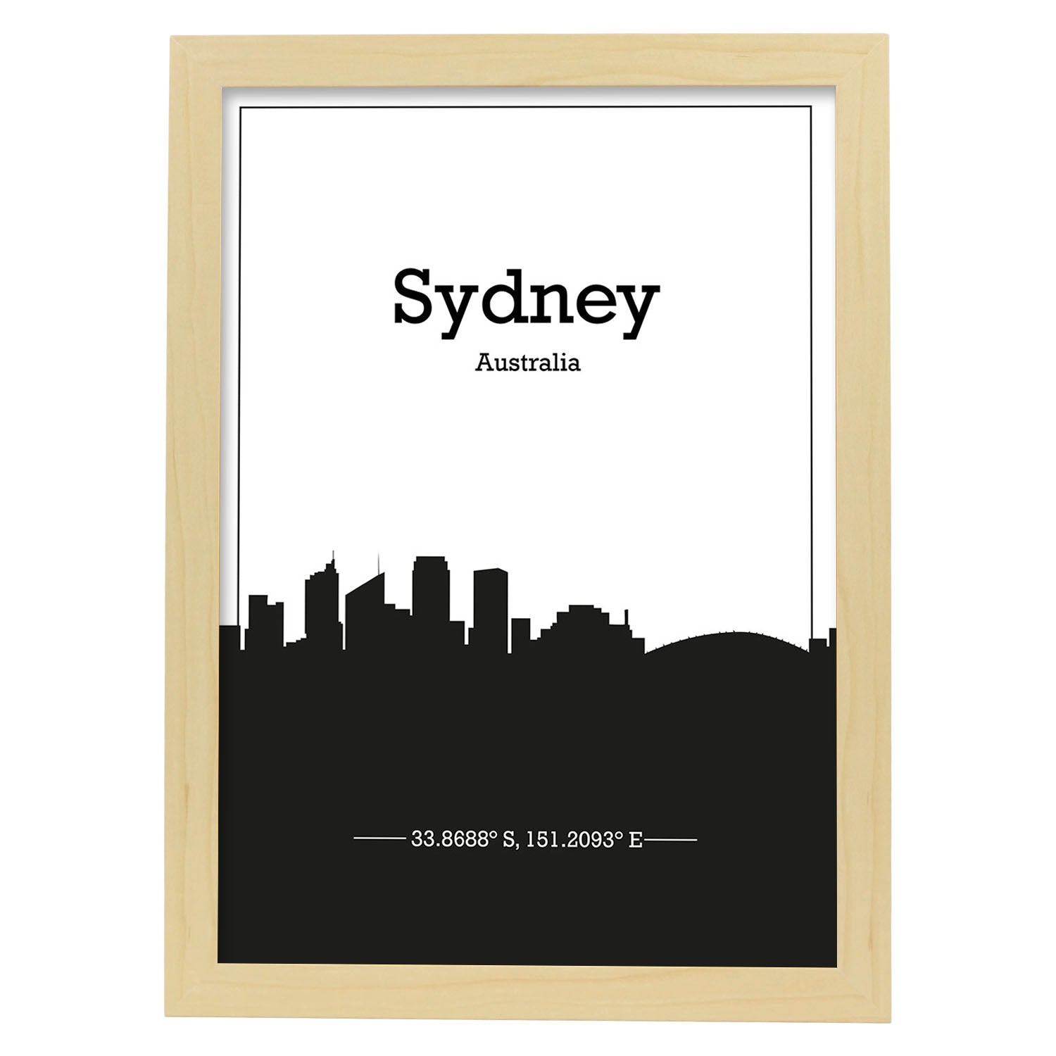Poster con mapa de Sydney - Australia. Láminas con Skyline de ciudades de Asia, Australia, y Oriente Medio con sombra negra.-Artwork-Nacnic-A3-Marco Madera clara-Nacnic Estudio SL